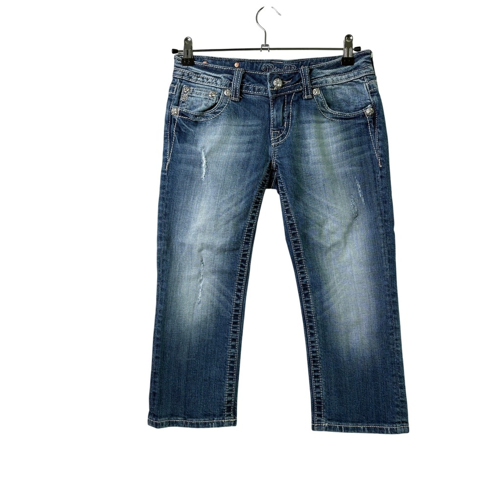 Miss Me Capri Jeans Womens 26 Blue Distressed Embellished Stretch JP5335P6